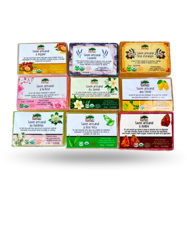 Arganisme Moroccan handmade soap gift set with nine varieties including argan, lavender, rose, jasmine and aloe vera.
